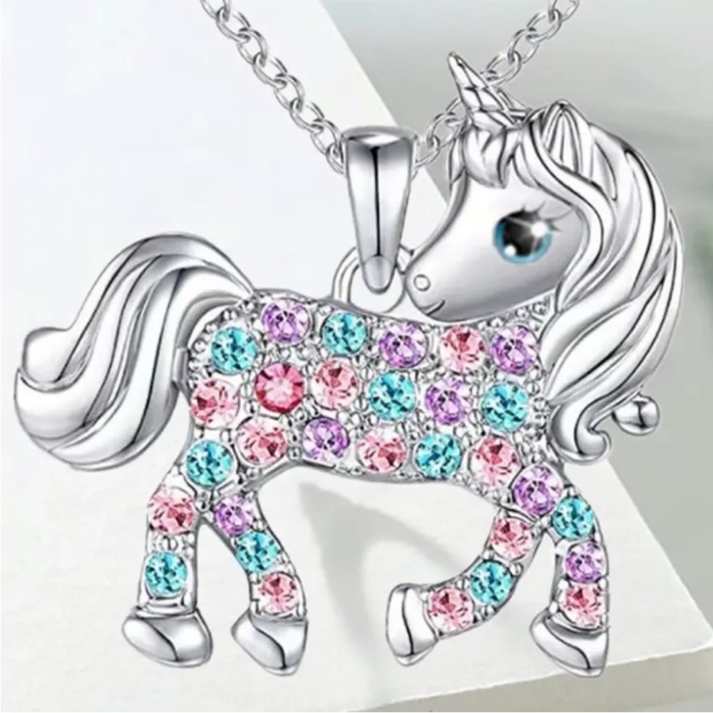 NEW Elegant Silver Unicorn Necklace with Colorful Crystals NWT - Picture 3 of 8
